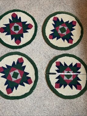 Vintage Handmade Green and Cream Star Hooked Seat Covers (Set of 4)